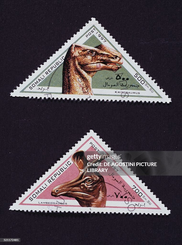 Triangular postage stamps from Dinosaur series