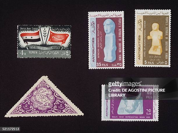 From left to right and from top to bottom: postage stamp commemorating the Anniversary of the United Arab Republic, 1958-1959, postage stamps from...