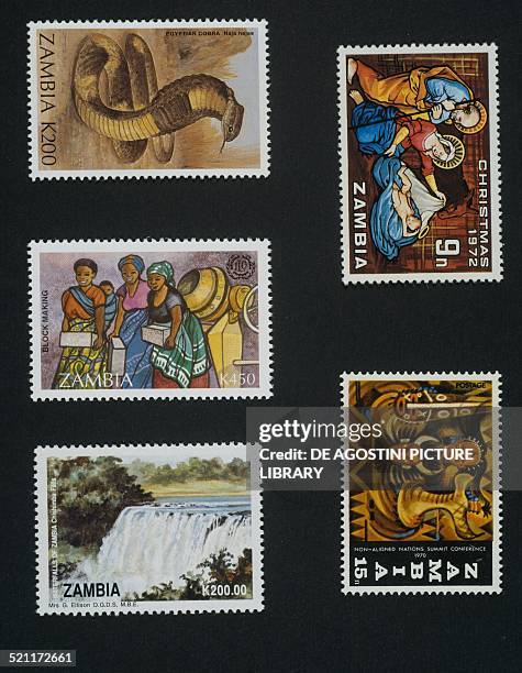 From left to right and from top to bottom: Christmas postage stamp depicting the Nativity; postage stamp commemorating the Conference of Non-Aligned...