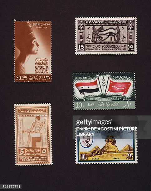 From left to right and from top to bottom: postage stamp commemorating the International contemporary art exhibition depicting Nefertiti's head;...