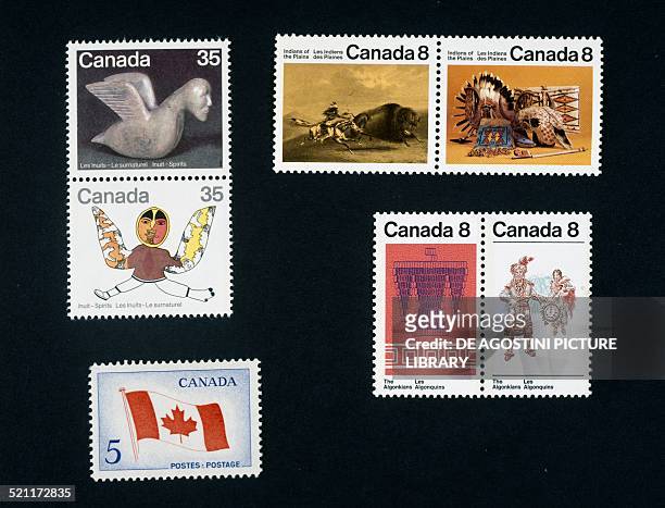 From left to right and from top to bottom: diptych of postage stamps honouring the Eskimos , 1980; diptych of postage stamps honouring the Indians of...