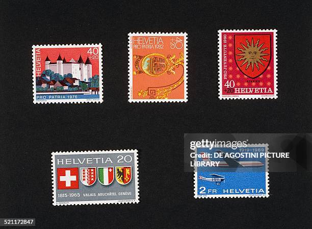 Top from left, two stamps from the Pro Patria series depicting the city of Grandson, canton of Vaud and the Auberge de l'Onde, St Saphorin, 1982;...