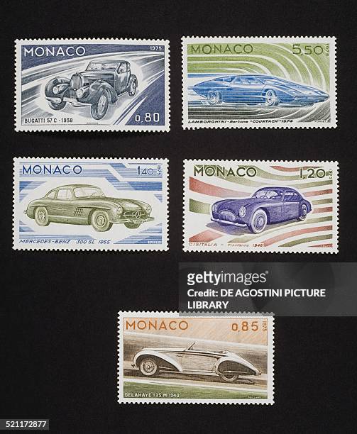 Series of postage stamps honouring the Evolution of design in cars depicting, top left, Bugatti 57 C and Lamborghini Countach ; centre, Mercedes Benz...
