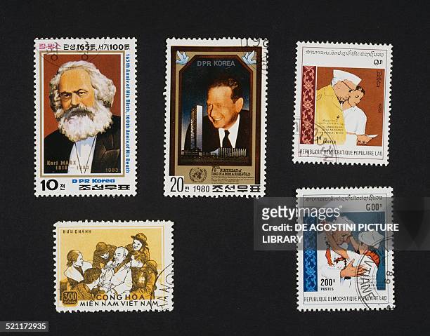 From left to right and from top to bottom: postage stamp honouring Karl Marx North Korea; postage stamp honouring Dag Hammarskjold North Korea;...