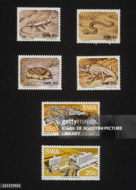 From left to right and from top to bottom: postage stamp from the Animals of Namibia series depicting Namib sand gecko , Peringuey's desert adder ,...