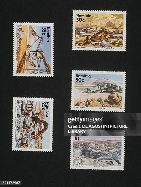 Postage stamps from the Minerals and Mining series depicting, from left to right and from top to bottom: Tsumeb mine , Rosh Pinah mine , Uis Mine ,...
