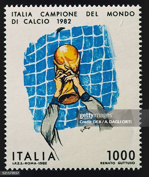 Postage stamp depicting Italian goalkeeper Dino Zoff holding the World Cup trophy aloft, Italy World Cup champions series, designed by Renato Guttuso...