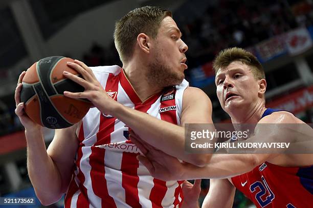Crvena Zvezda's center Vladimir Stimac vies CSKA Moscow's forward Andrey Vorontsevich during the Euroleague play-off game 2 match between CSKA Moscow...