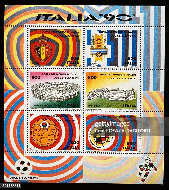 Sheet of stamps issued for the 1990 FIFA World Cup in Italy. Italy, 20th century. Italy