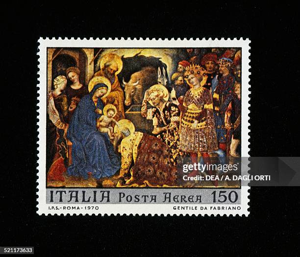 Postage stamp from the Christmas series, depicting the Adoration of the Magi or Strozzi Altarpiece , by Gentile da Fabriano, 150-lire stamp, 1970....