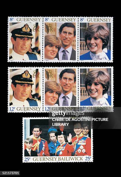 Postage stamps from the series honouring the Marriage of Prince Charles and Lady Diana; bottom; the Royal Family in Guernsey. United Kingdom, 20th...