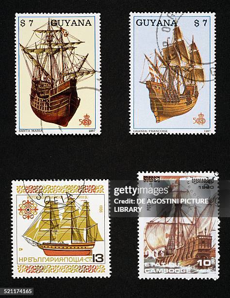 Postage stamps honouring sailing: top, postage stamps depicting the Santa Maria and the Great Francoise Guyana: bottom left, postage stamp depicting...