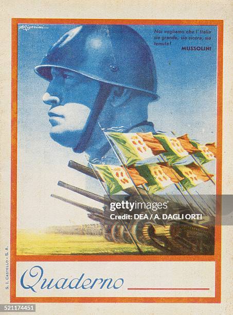 Benito Mussolini, cannons, flags and armoured vehicles, illustrated school exercise book cover, 1941. Italy, 20th century. Italy