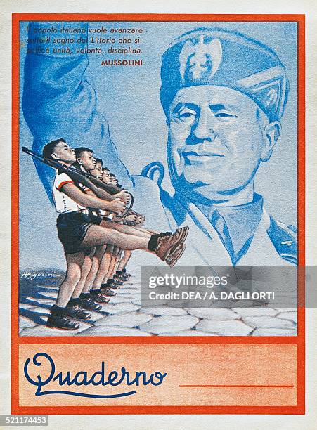Benito Mussolini and young boys with rifles, illustrated school exercise book cover, 1941. Italy, 20th century. Italy