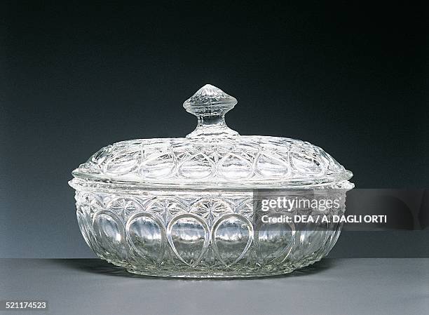 Glass toiletries container, with lid, 1930s. Italy, 20th century. Italy