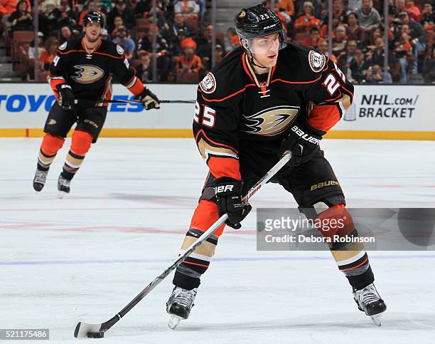 Mike Santorelli of the Anaheim Ducks skates with the puck during the game against the Winnipeg Jets on April 5, 2016 at Honda Center in Anaheim,...