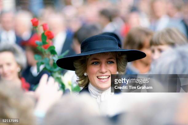 Diana, Princess Of Wales, On A Walkabout During A Visit To Munich In Germany Wearing A Hat By Milliner Philip Somerville.