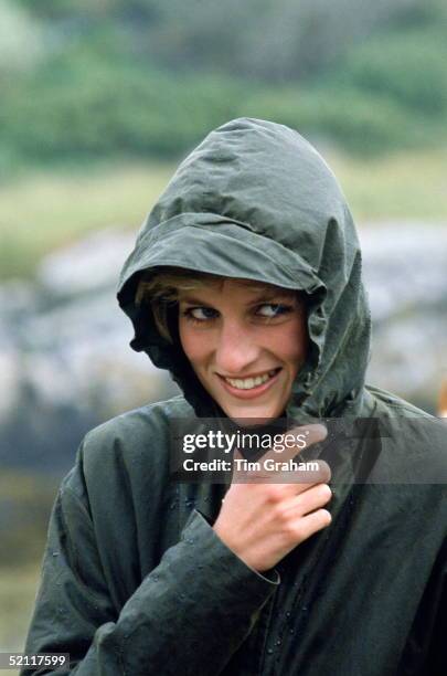 Diana Princess Of Wales Wearing A Waterproof Barbour Style Jacket In The Rain During A Visit To The Western Isles Of Scotland