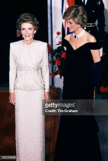 Diana Princess Of Wales, With Nancy Reagan At The White House, Wearing A Dress Designed By Fashion Designer Victor Edelstein