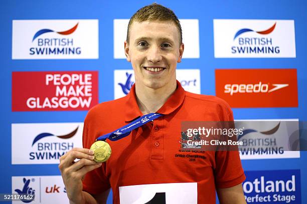 Max Litchfield of Sheffield poses with his Gold Medal on the podium after winning the Men's 400m Individual Medley Final on day three of the British...