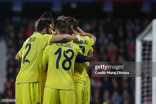 Players of Villareal celebrate first goal during the UEFA Europa League Quarter Final second leg match between Sparta Prague and Villareal CF on...
