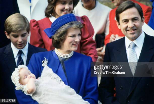 King Constantine And Queen Anne-marie Of Greece At The Christening Of Their Daughter, Princess Theodora, In London. Beside Them Is Their Son, Prince...