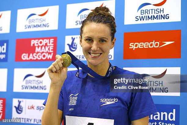 Jazmin Carlin of Great Britain poses with her Gold medal after winning the Women's 800m Freestyle Final on day three of the British Swimming...