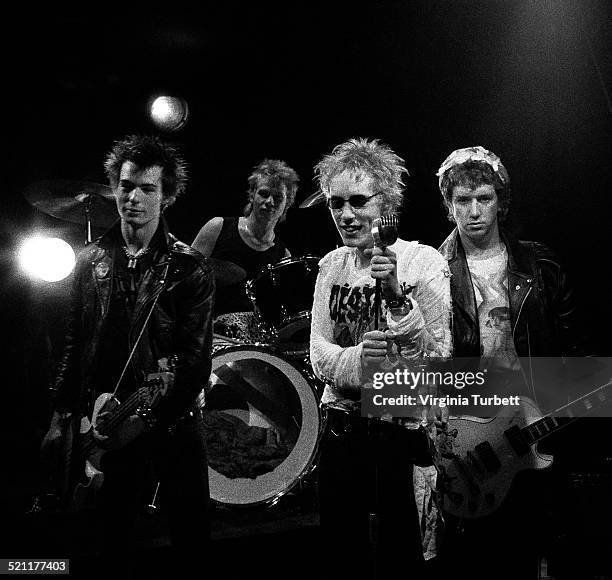 Group portrait of the Sex Pistols recording a video for their song 'Pretty Vacant', London, June 1977. L-R Sid Vicious, Paul Cook, Johnny Rotten,...