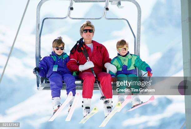 The Princess Of Wales With Her Two Sons, Prince William And Prince Harry On A Chair-lift During A Ski Hloiday In Lech, Austria