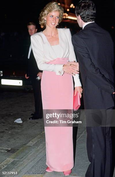 Princess Diana Attending A Performance Of The Ballet 'swan Lake' At The Coliseum In London. She Is Wearing A Dress Designed By Catherine Walker.