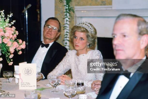 Princess Diana Attending A Banquet At The British Embassy In Washington. President George Bush Is On Her Right.