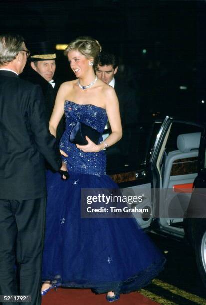 Princess Diana At The Royal Opera House In Covent Garden, London. Her Dress Is By Fashion Designer Murray Arbeid.