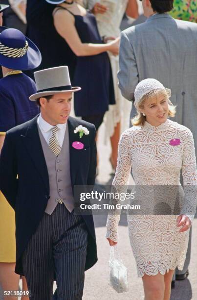 Viscount David And Viscountess Serena Linley At Ascot Races. Serena's Dress Is By Designer Hervey Leger.