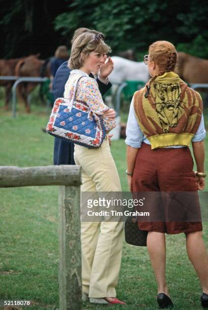 Lady Diana Spencer And Sarah Ferguson Talking Together At Cowdray Park Polo Club In Gloucestershire