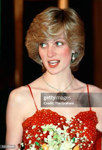 Princess Diana Wearing A Gold And Diamond Necklace In The Shape Of The Prince Of Wales Feathers For A Visit To The Royal Opera House