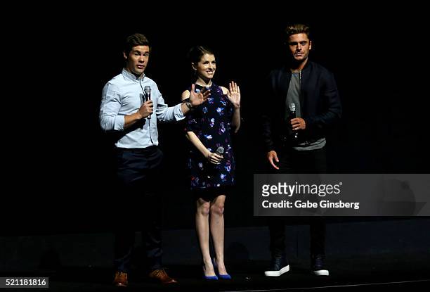Actors Adam DeVine, Anna Kendrick and Zac Efron speak during 20th Century Fox's special presentation highlighting its future release schedule at The...