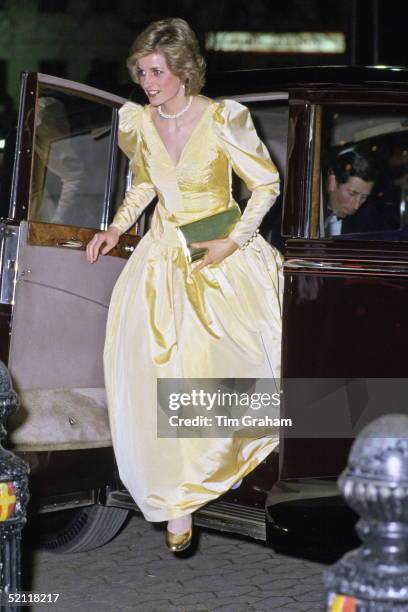 Princess Diana Arriving In Rolls Royce Limousine Car For The Premiere Of The Film 2010 In London Wearing A Satin Evening Dress Designed By Fashion...