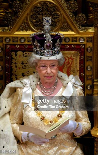 The Queen Reading Her Speech To The House Of Lords At The State Opening Of Parliament In London.