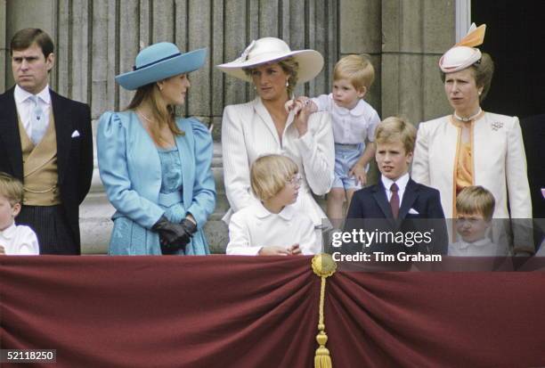 Members Of The Royal Family On The Balcony Of Buckingham Palace For Trooping The Colour. In The Back Row From Left To Right: Prince Andrew, Duchess...