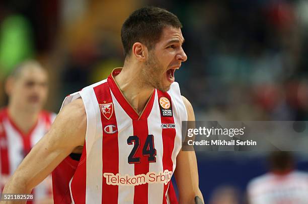 Stefan Jovic, #24 of Crvena Zvezda Telekom Belgrade in action during the 2015-2016 Turkish Airlines Euroleague Basketball Playoffs Game 2 between...