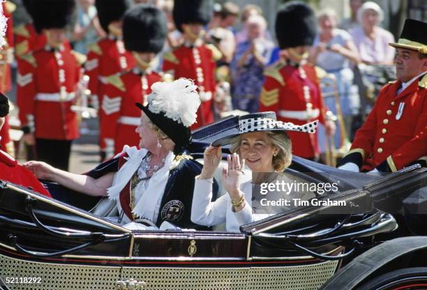 The Queen Mother And Queen Sofia Of Spain Taking Part In The Garter Ceremony At Windsor Castle