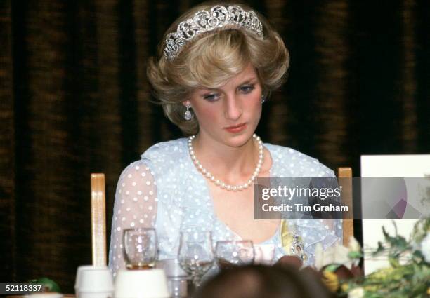 Princess Diana At A Banquet In New Zealand Wearing A Blue Chiffon Evening Dress Designed By Fashion Designers David And Elizabeth Emanuel .