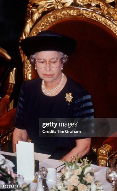 Queen Elizabeth II At The Guildhall In London Making Her 'annus Horribilis' Speech Describing Her Sadness At The Events Of The Year Which Included...