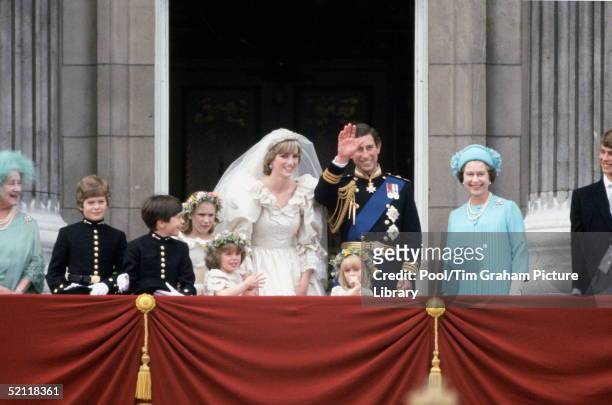 Prince Charles And Princess Diana On Their Wedding Day On The Balcony Of Buckingham Palace. L To R: Queen Mother, Pageboys Lord Nicholas Windsor And...
