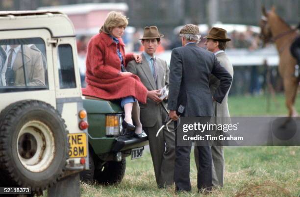 Princess Diana At The Grand National Racecourse In Aintree Resting On A Range Rover Car And Prince Charles While Pregnant With Her First Baby