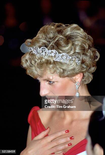 Princess Diana Attending The English National Ballet Gala Performance In Budapest. She Is Wearing The Spencer Family Tiara And Has Dark Red Nail...
