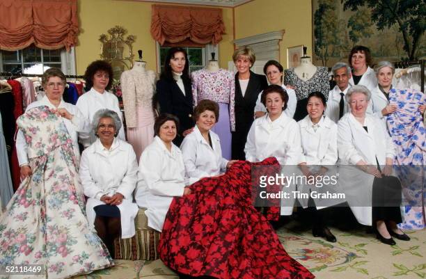 Princess Diana At Her Home In Kensington Palace With Dress Designer Catherine Walker And Her Team Of Dressmakers Called 'petits Mains'. The Dresses...