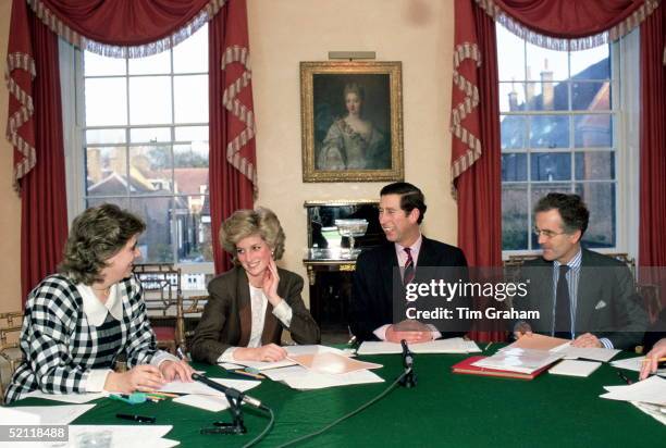 Princess Diana And Prince Charles Sitting Round The Dining Room Table At Home In Kensington Palace For A Planning Meeting To Co-ordinate Diary...