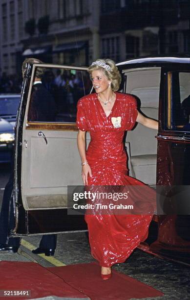 Princess Diana Arriving By Rolls Royce Car For A Banquet At Claridges Hotel Wearing A Dress Designed By Fashion Designer Bruce Oldfield With A...