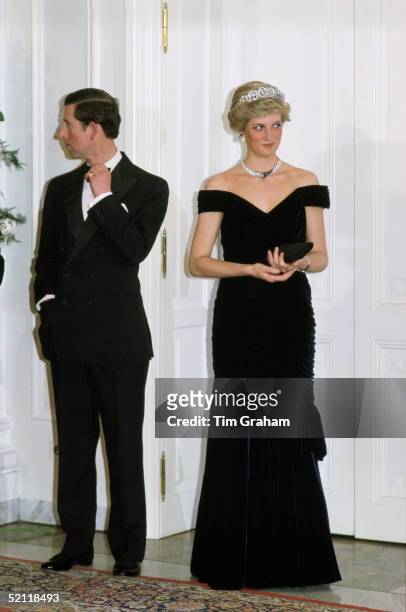 The Prince And Princess Of Wales In Germany Attending An Evening Function. She Is Wearing A Dress Designed By Fashion Designer Victor Edelstein